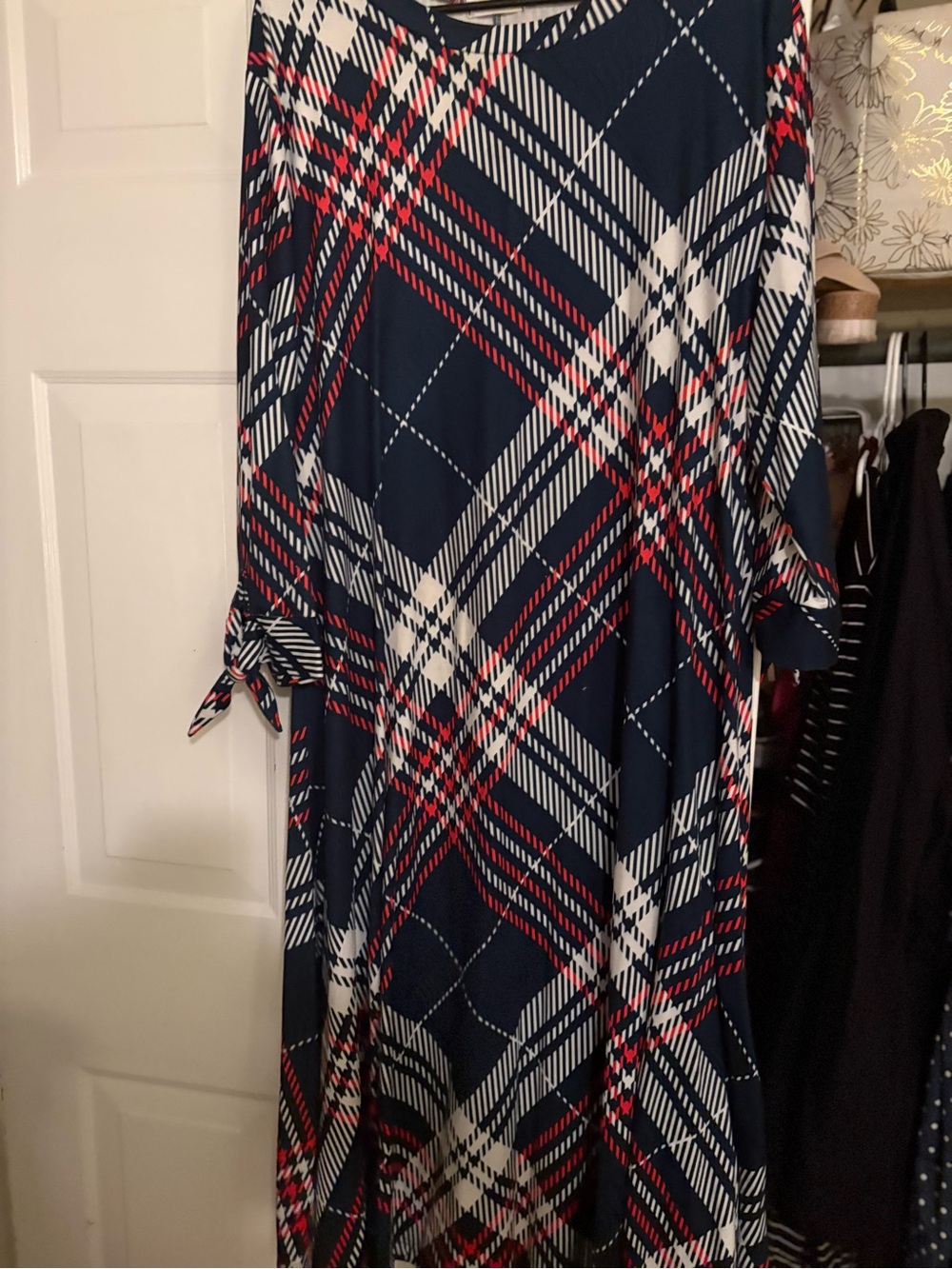 Navy Plaid A-Line Women's Dress with Red & White Accents